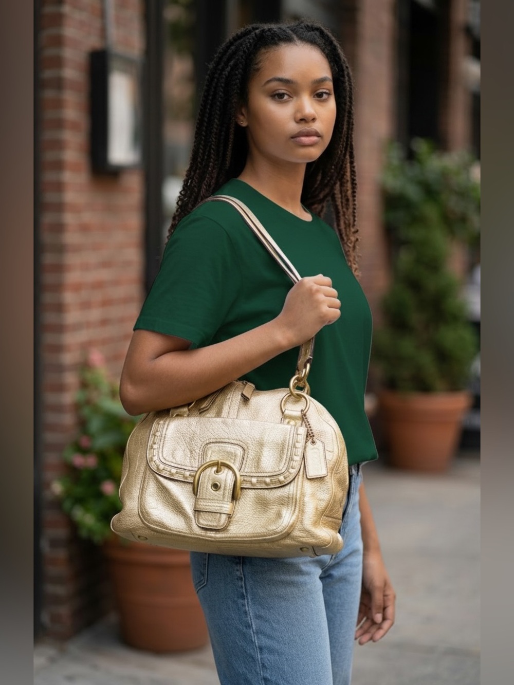 Coach Courtney Dome Metallic Gold Leather Shoulder Bag Whipstitch Buckle Pocket